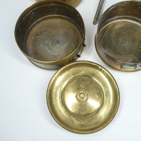 Tiffin Box Indian Brass Vintage Food Carrier 3 Compartment Stacking w/Handle - Picture 10 of 12